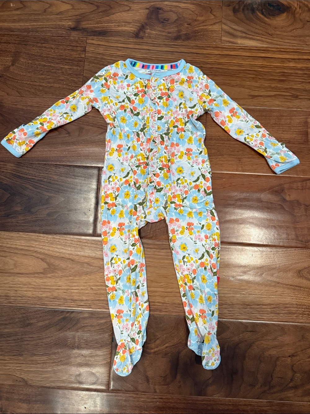 Floral Print Baby One-Piece Footed Pajamas - Light Blue & Multicolor